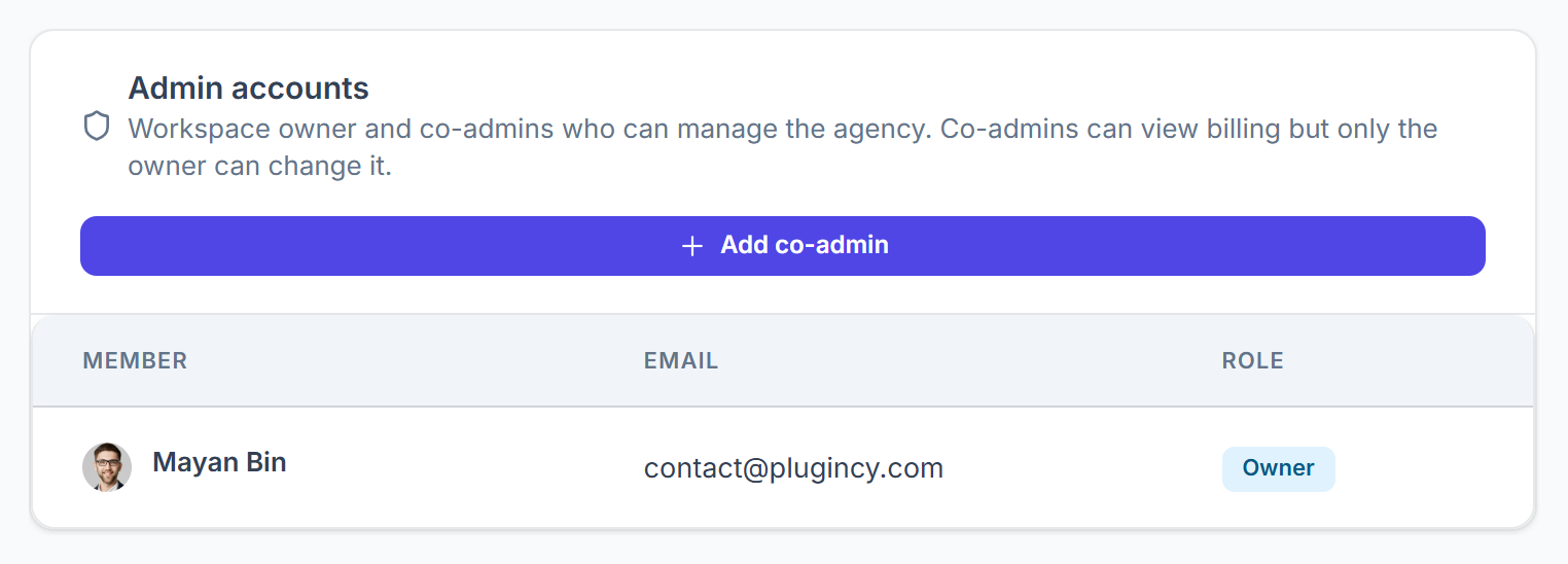 Admin accounts card with Add co-admin and the owner