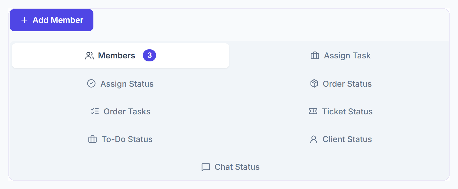 Team page with Add Member and the Members, Assign Task and status tabs