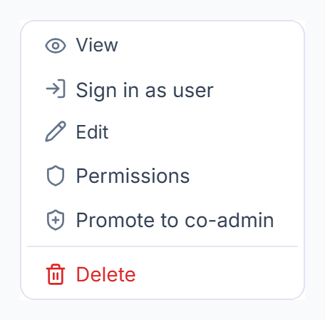 Member menu with View, Sign in as user, Edit, Permissions, Promote to co-admin and Delete