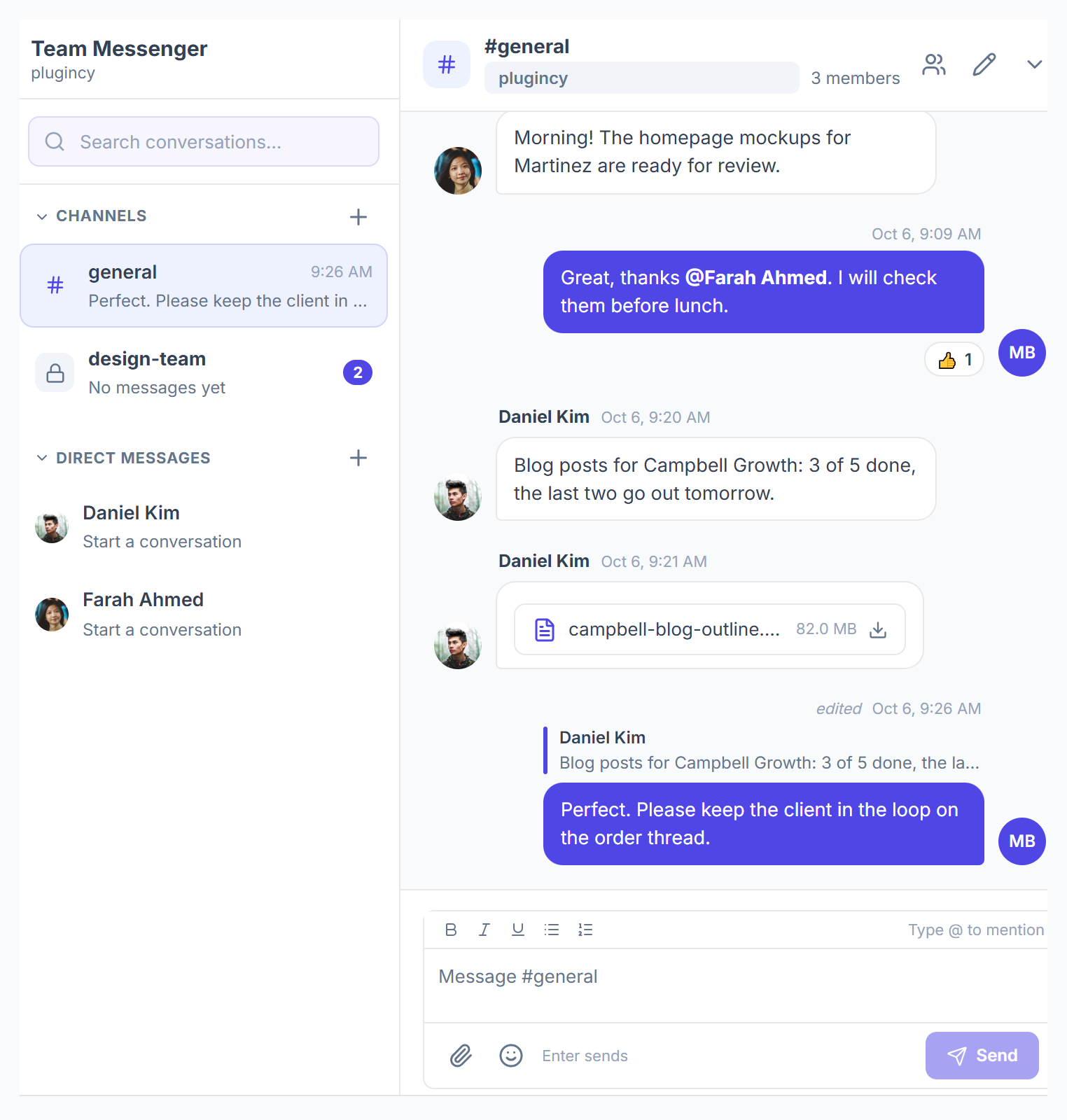 Team Messenger with channels, direct messages and the #general conversation