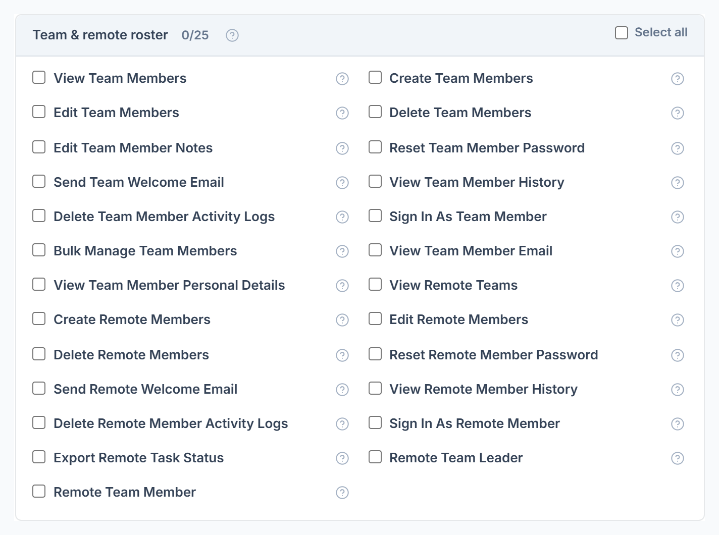 Team and remote roster permissions in Roles & Permissions