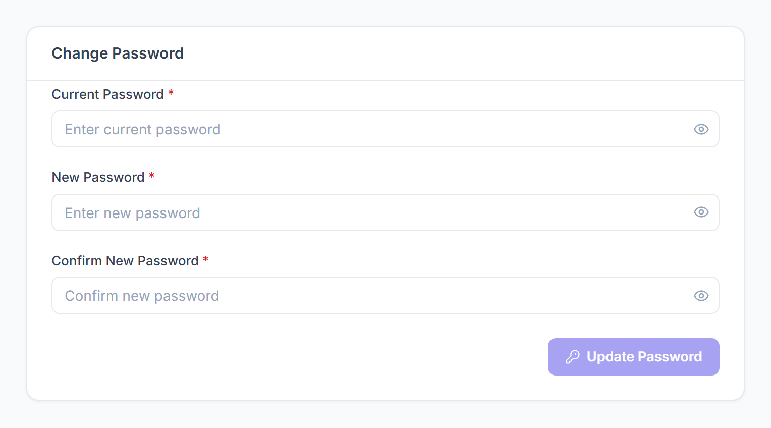 Change Password form with current, new and confirm password