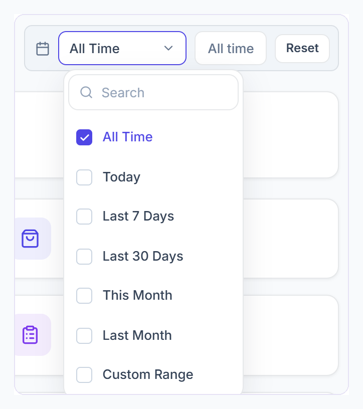 Date filter menu: All Time, Today, Last 7 Days, Last 30 Days, This Month, Last Month and Custom Range