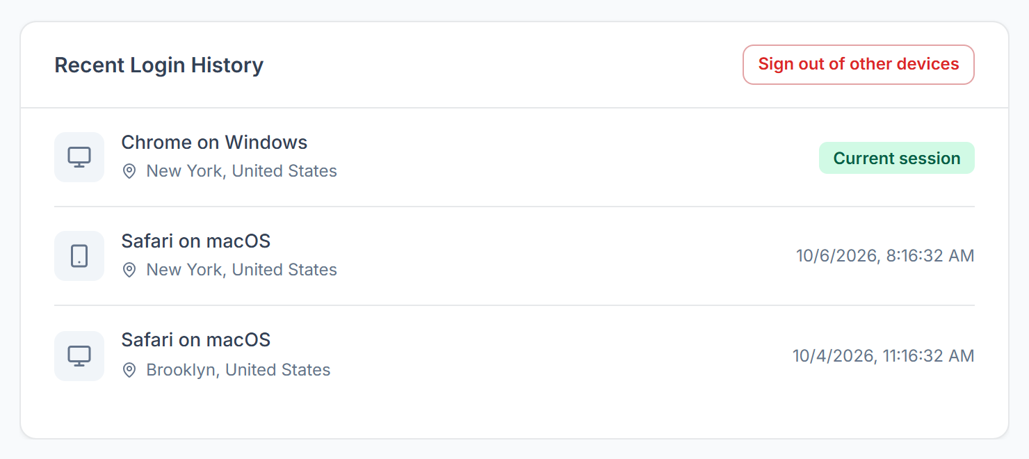 Recent Login History with the current session and the Sign out of other devices button