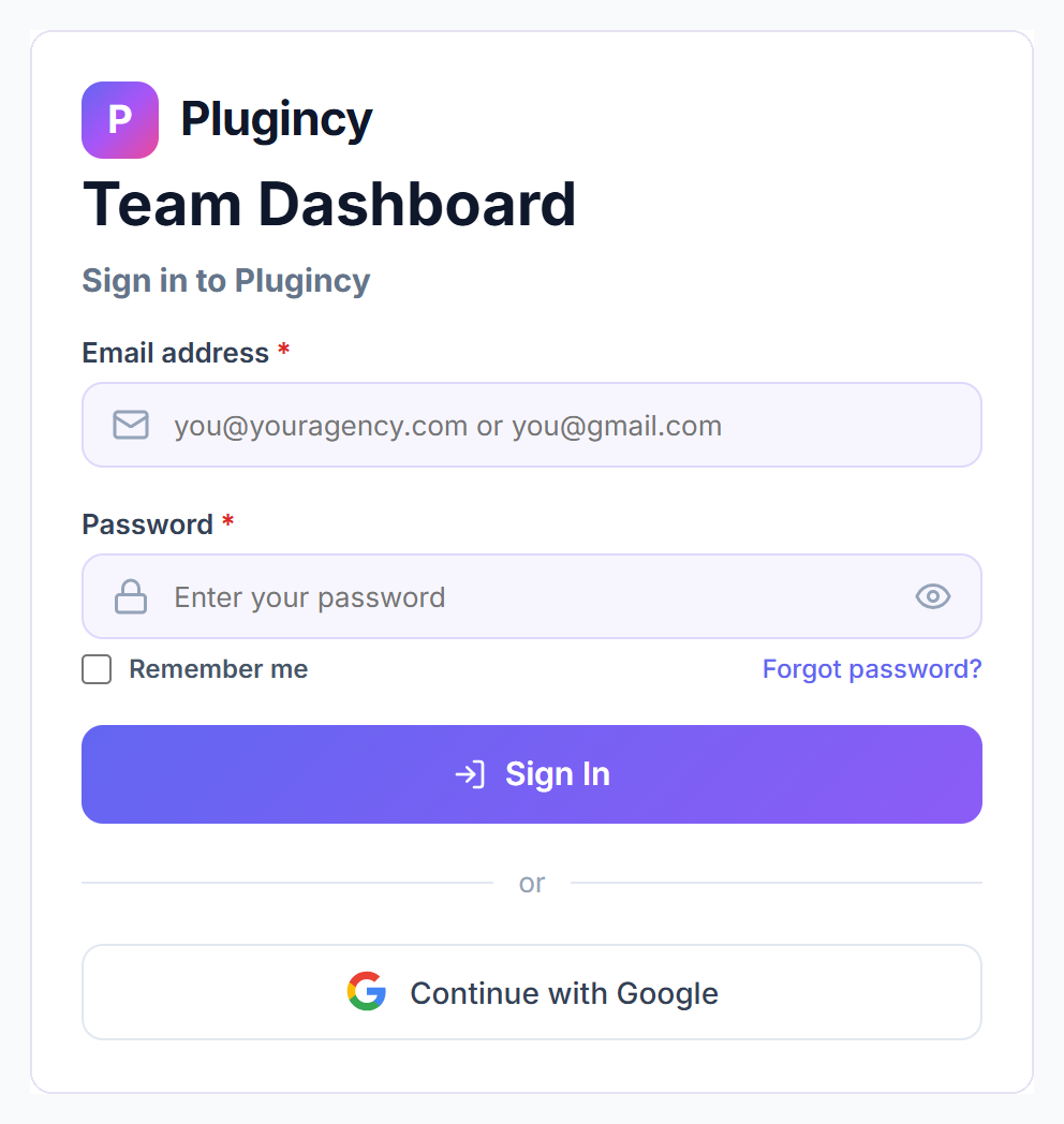 Team Dashboard sign-in page with email, password, Remember me, Forgot password and Continue with Google