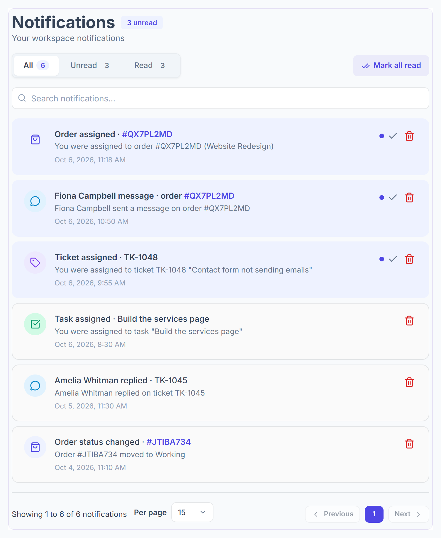 Notifications page with All, Unread and Read tabs, search, Mark all read and the list