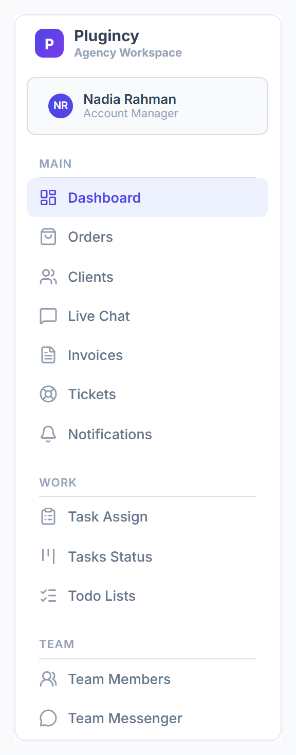 Team member sidebar with the agency name, the member name and role, and MAIN, WORK and TEAM menus