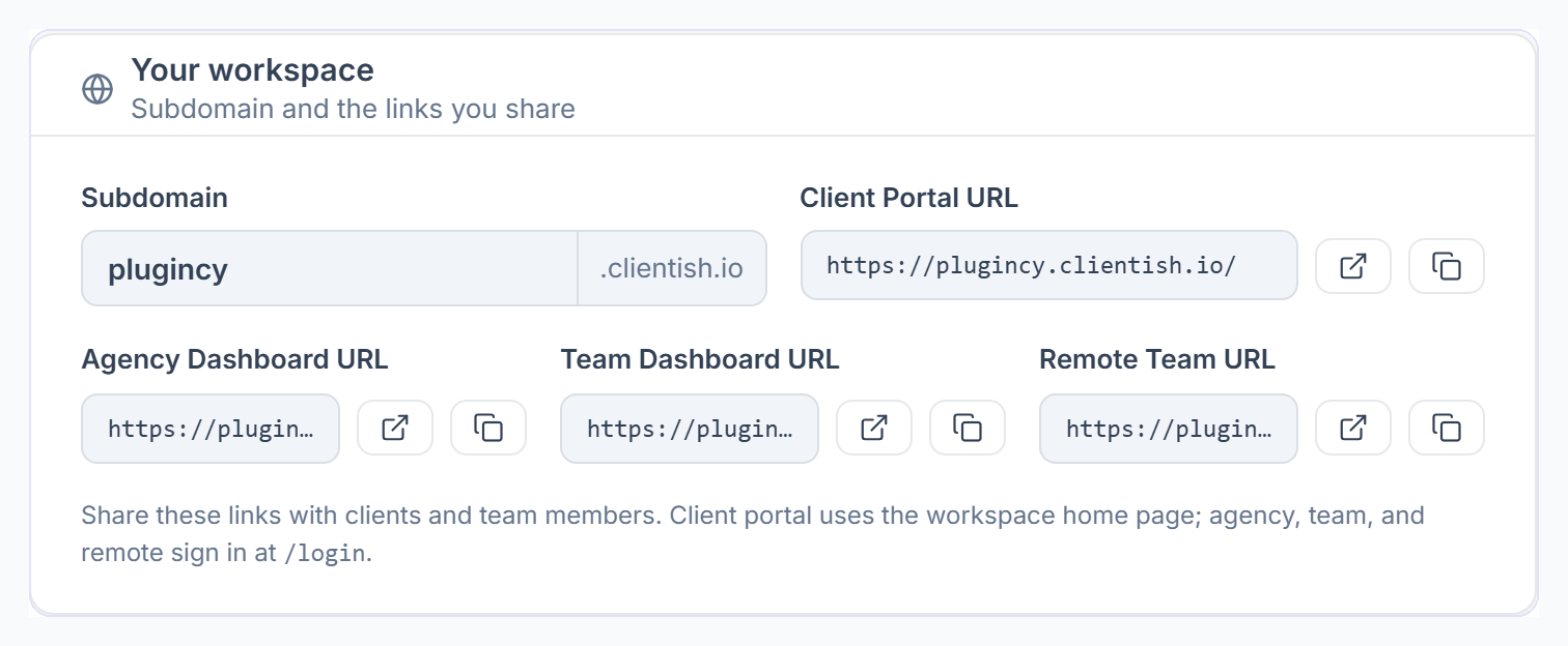 Your workspace card in Settings with the Team Dashboard URL and its open and copy buttons
