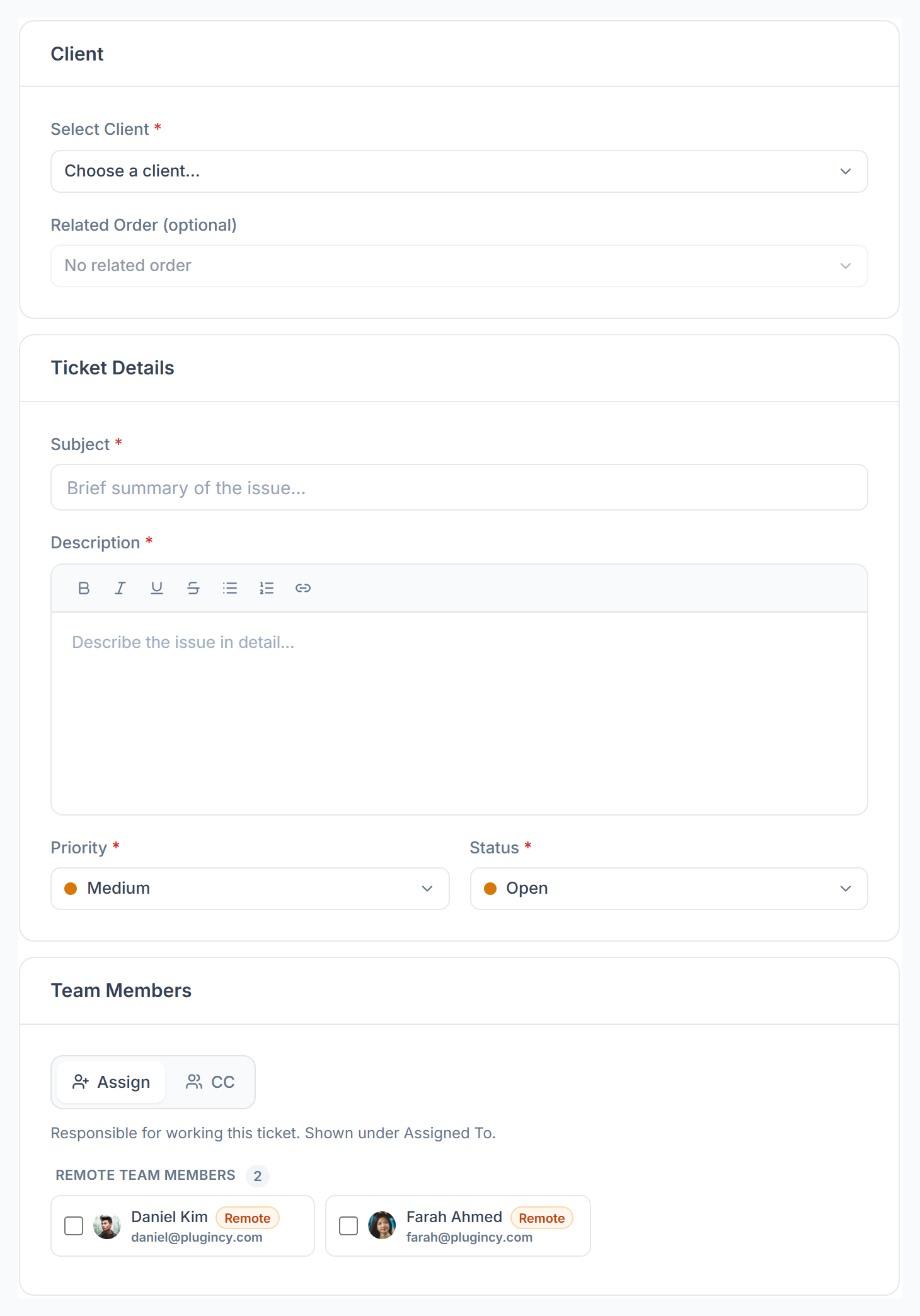 Create Ticket form: client, related order, subject, description, priority, status and team members