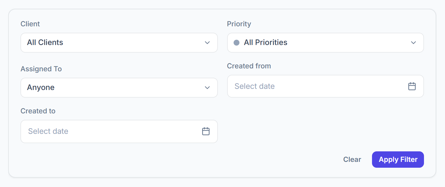 Ticket filters: client, priority, assigned to and created dates
