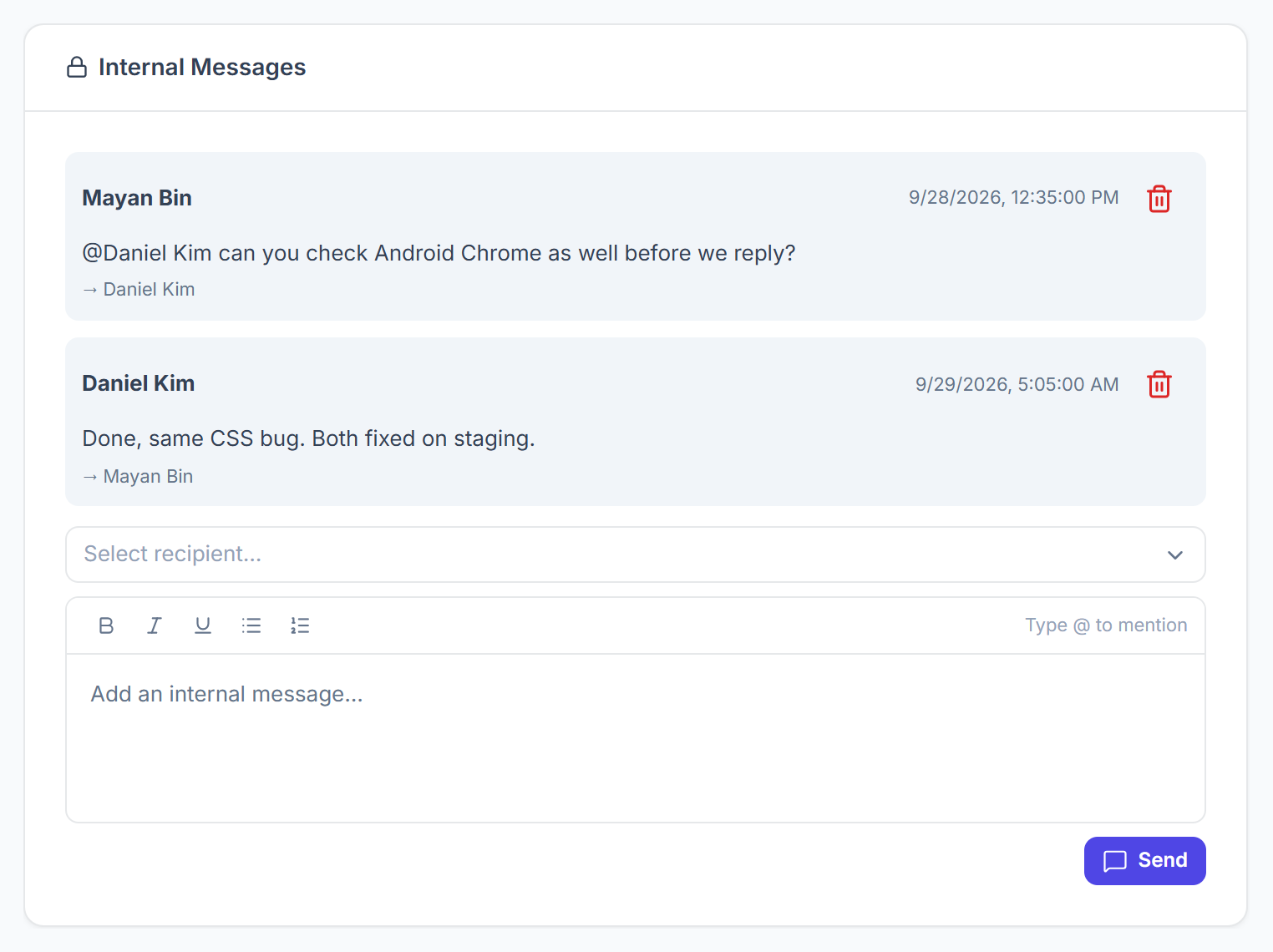 Internal Messages between team members with the recipient picker