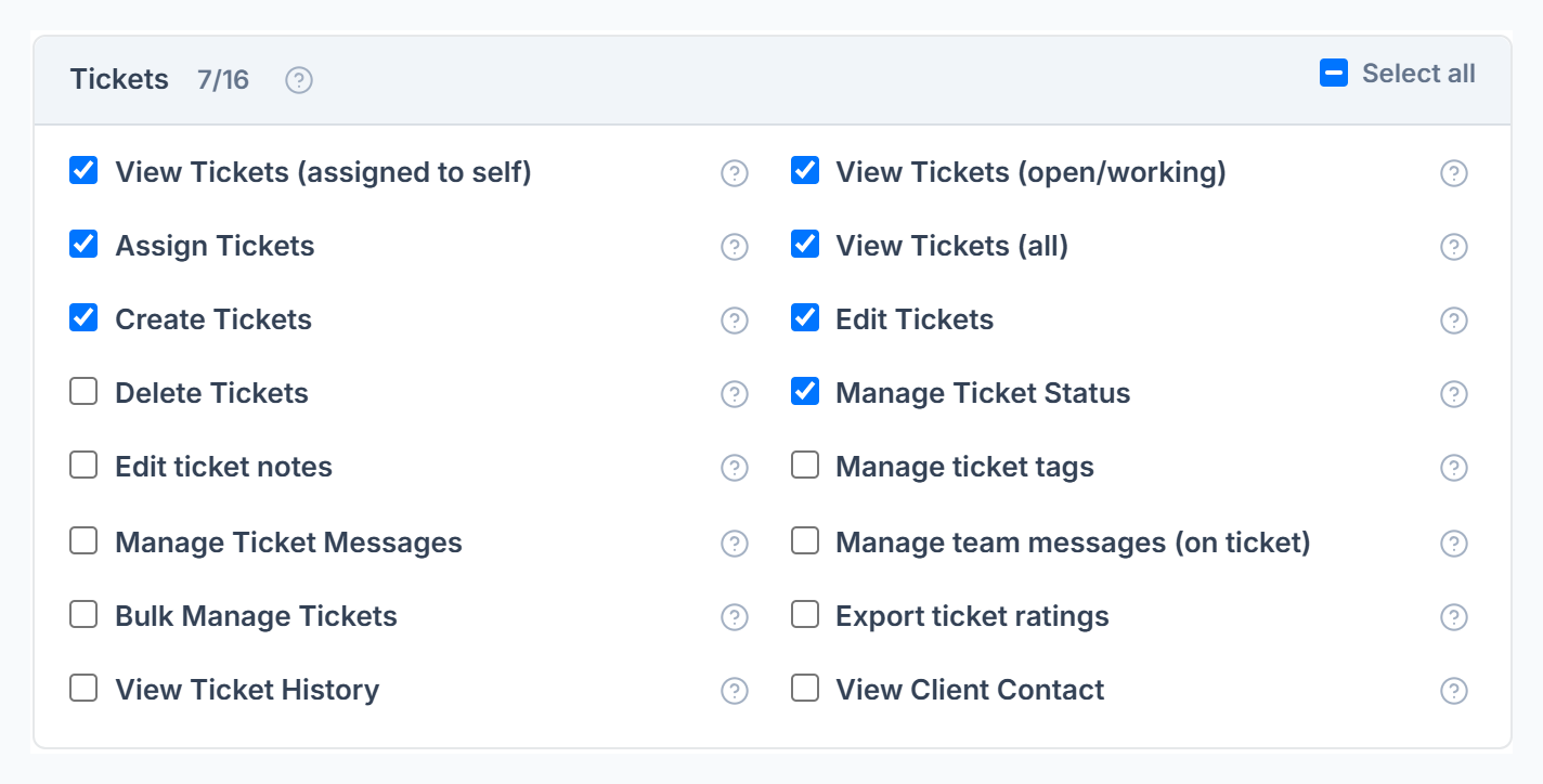 The 16 Tickets permissions in Roles & Permissions