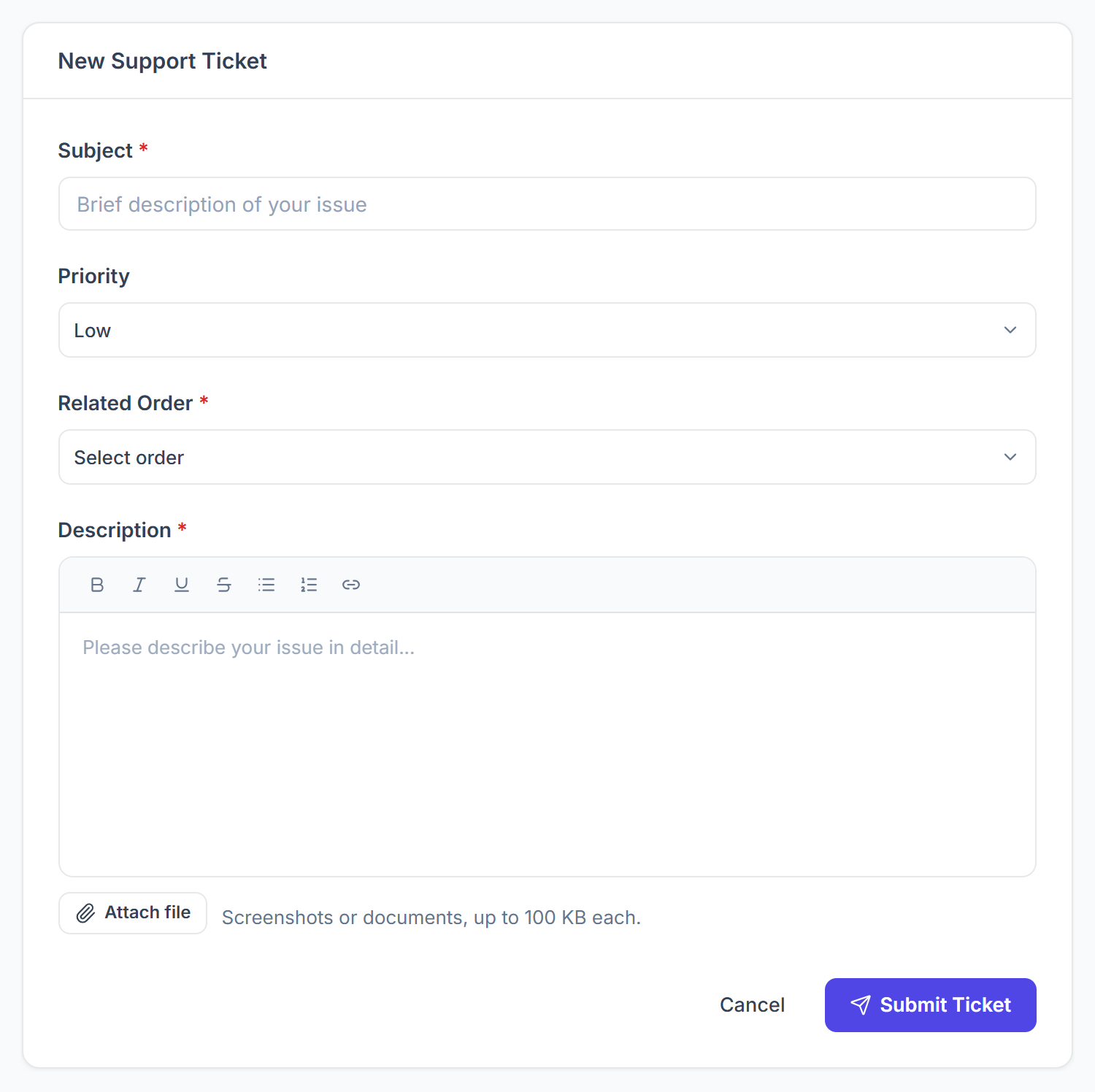 Client portal New Support Ticket form