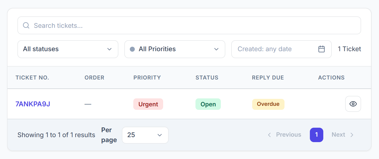 Client portal tickets list with priority, status and reply due