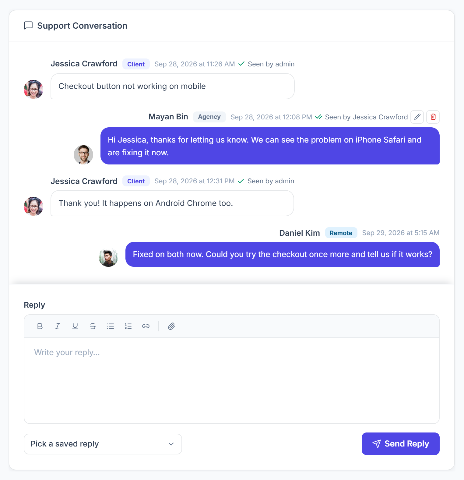 Support Conversation with client and team replies, and the reply box with saved replies