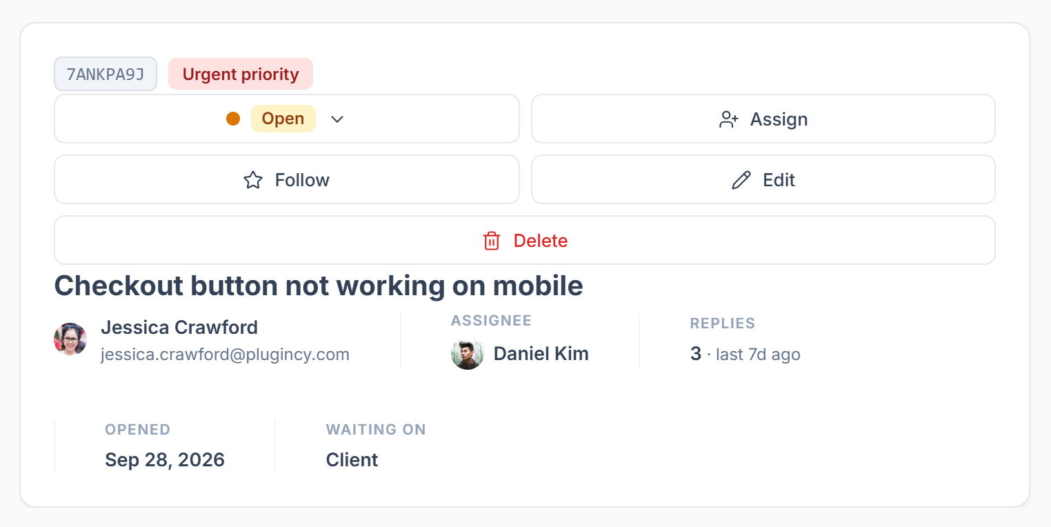 Ticket header with status, Assign, Follow, Edit, Delete, assignee, replies and Waiting on