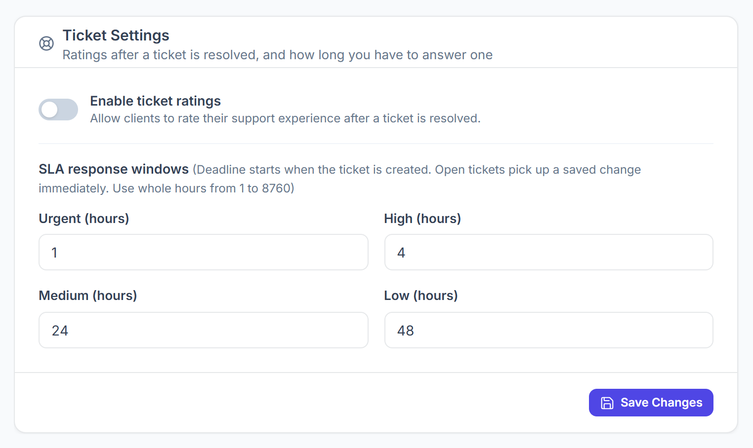 Ticket Settings with Enable ticket ratings and the SLA response windows