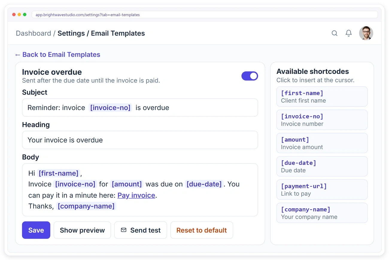 Editing a Clientish email template with subject, heading, body, shortcodes, preview, test send and reset to default