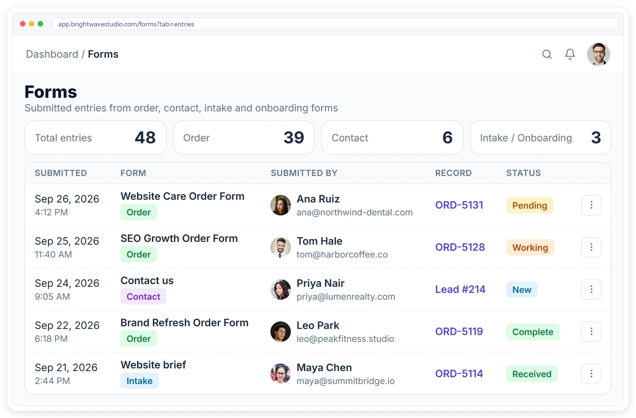 Form entries in Clientish, each linked to the order or lead it created