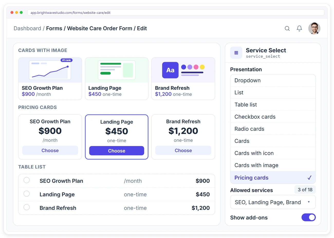 Clientish form builder Service Select field showing services as image cards, pricing cards and a table, with nine presentation styles
