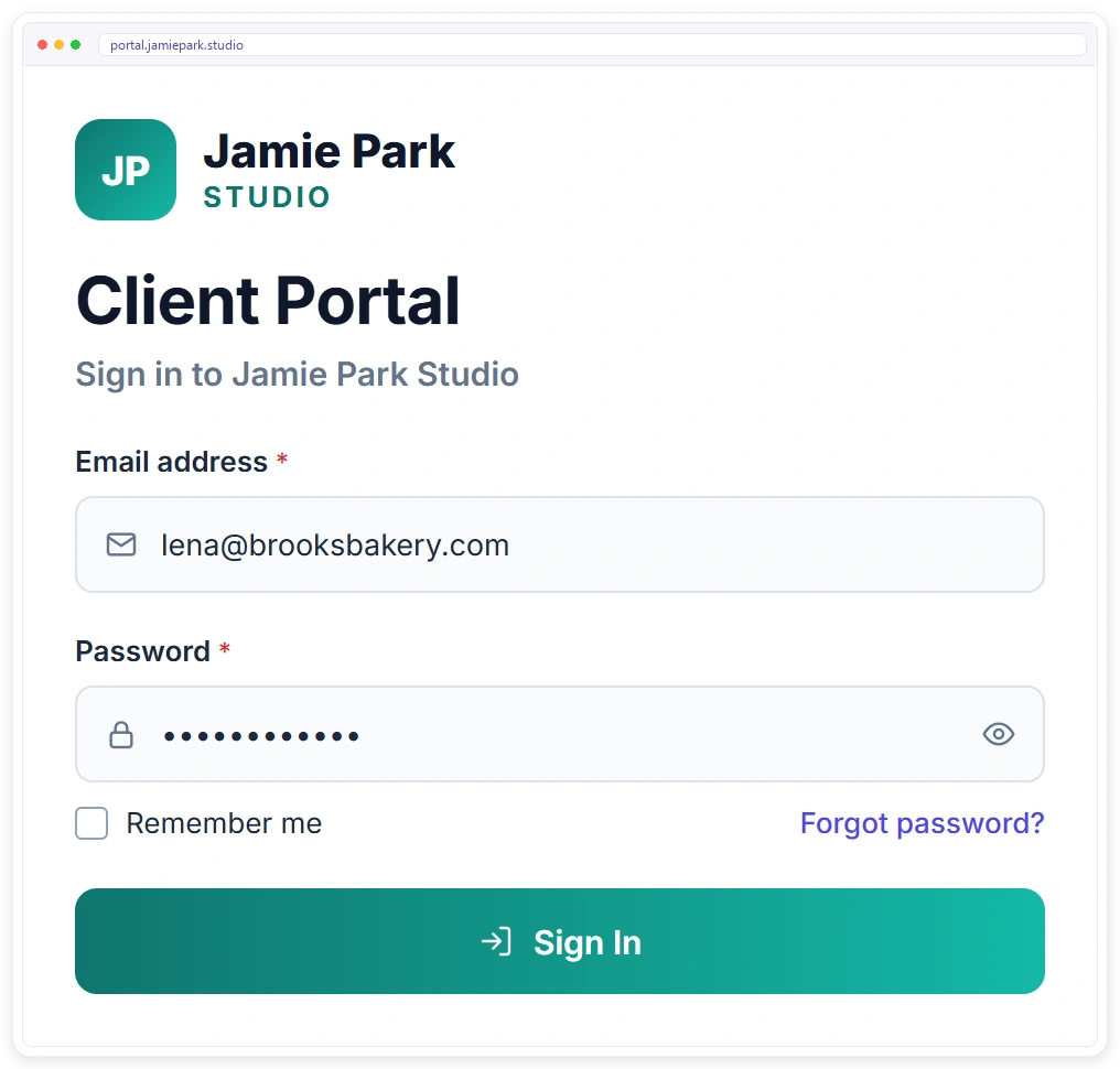 A freelancer's branded client portal login in Clientish with the freelancer's own name, logo and colours A freelancer's branded client portal login in Clientish with the freelancer's own name, logo and colours