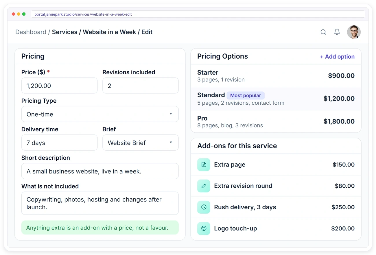 A freelancer's fixed-scope website package in Clientish with Starter, Standard and Pro options, revisions, what is not included and paid add-ons A freelancer's fixed-scope website package in Clientish with Starter, Standard and Pro options, revisions, what is not included and paid add-ons