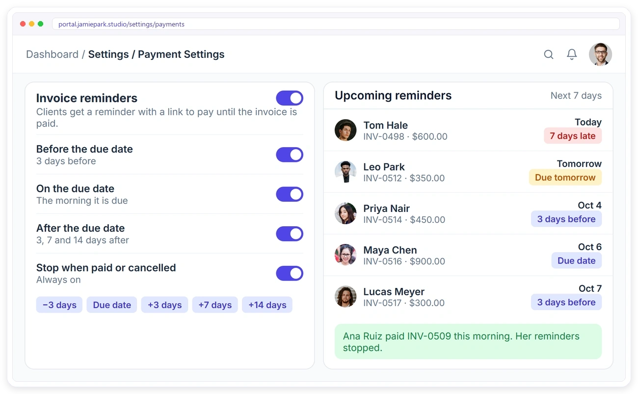 Automatic invoice reminders for a freelancer in Clientish, before, on and after the due date, stopping when the client pays Automatic invoice reminders for a freelancer in Clientish, before, on and after the due date, stopping when the client pays