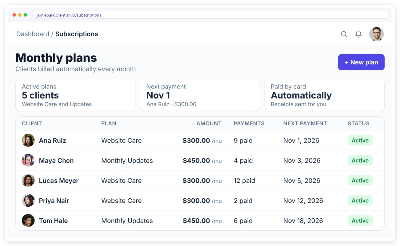 A freelancer's monthly plans in Clientish with five clients billed automatically every month