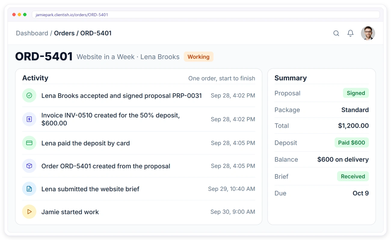 One freelance order in Clientish from a signed proposal to a paid 50% deposit, the client's brief and the start of work