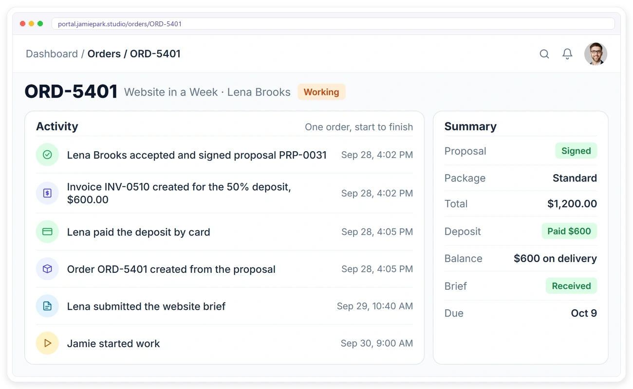 One freelance order in Clientish from a signed proposal to a paid 50% deposit, the client's brief and the start of work One freelance order in Clientish from a signed proposal to a paid 50% deposit, the client's brief and the start of work