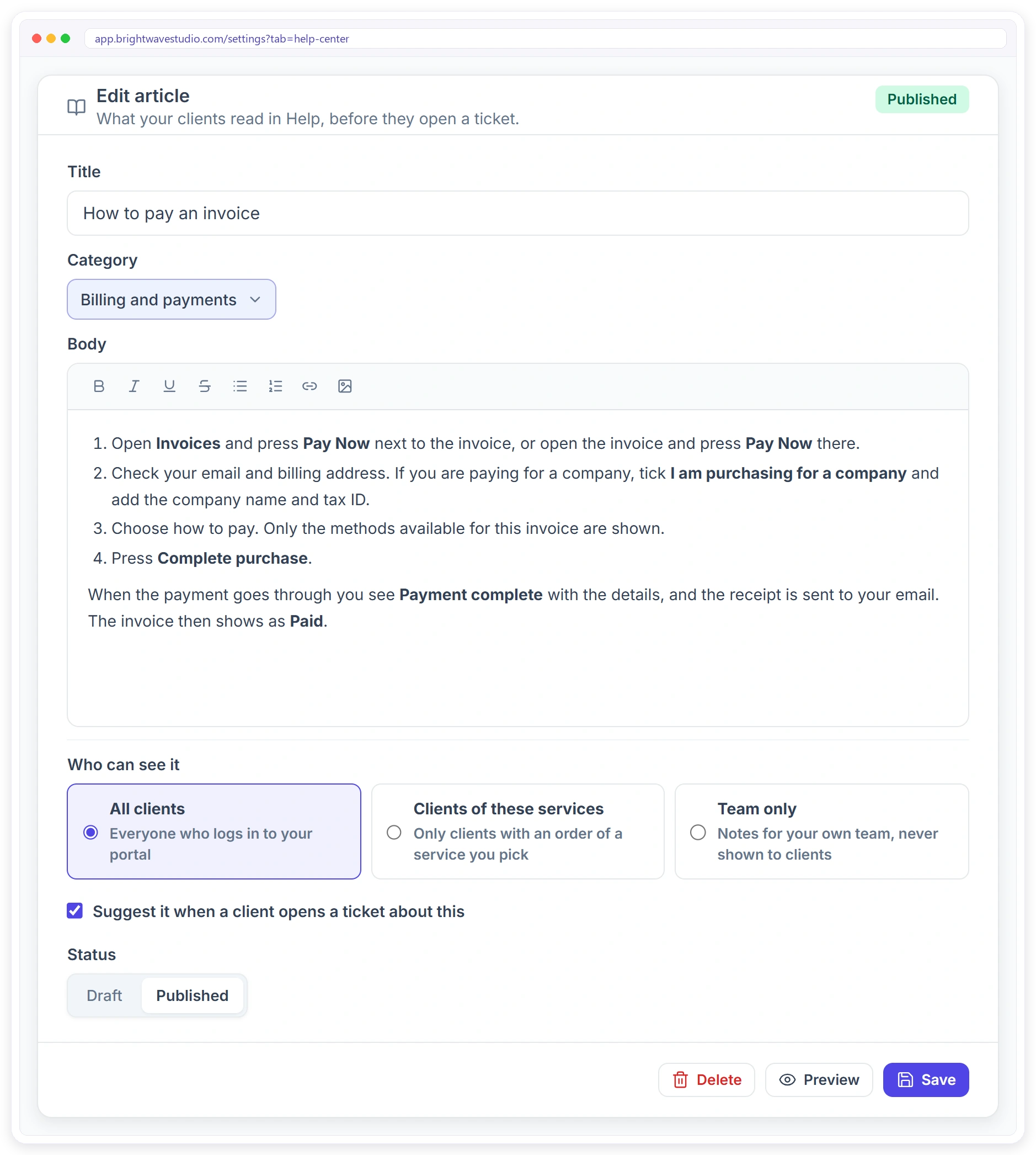 Help article editor with title, category, rich text body, who can see it, ticket suggestions and draft or published status Help article editor with title, category, rich text body, who can see it, ticket suggestions and draft or published status
