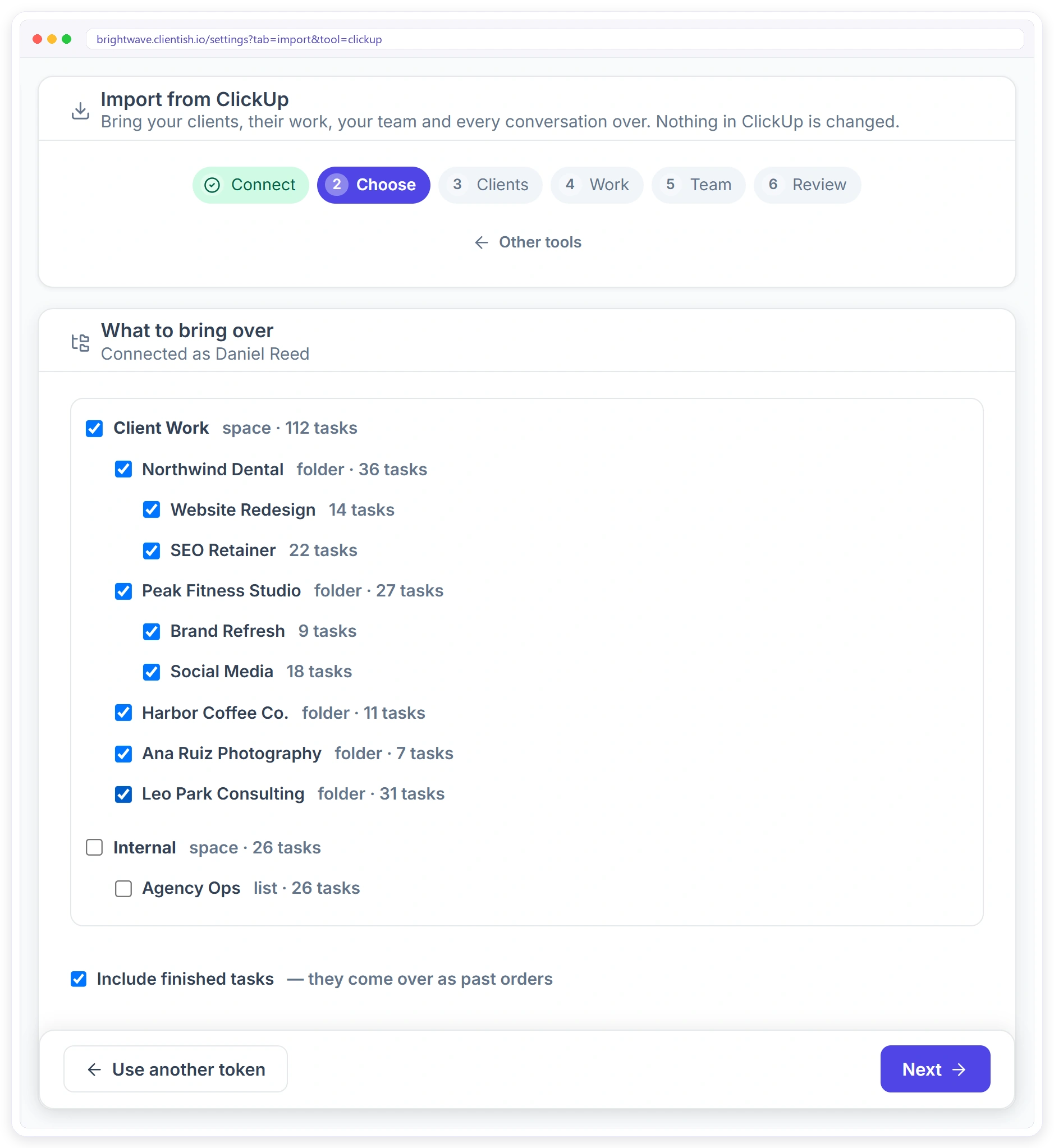 Choose which ClickUp spaces, folders and lists to bring over, with task counts and finished tasks as past orders