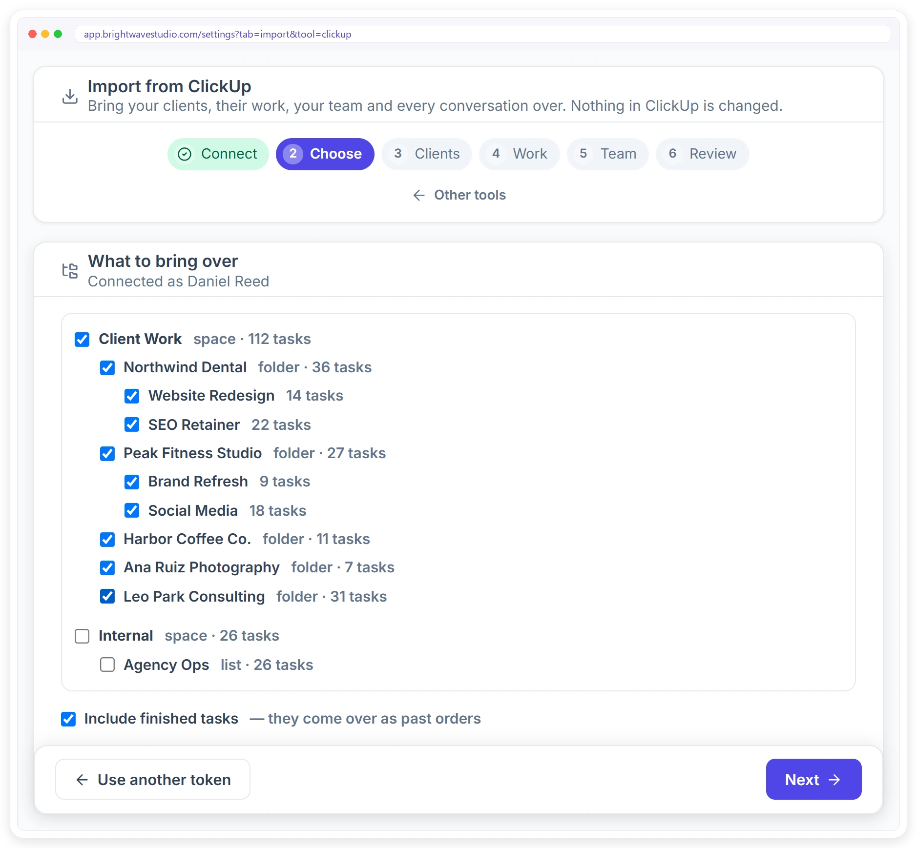 Choose which ClickUp spaces, folders and lists to bring over, with task counts and finished tasks as past orders Choose which ClickUp spaces, folders and lists to bring over, with task counts and finished tasks as past orders