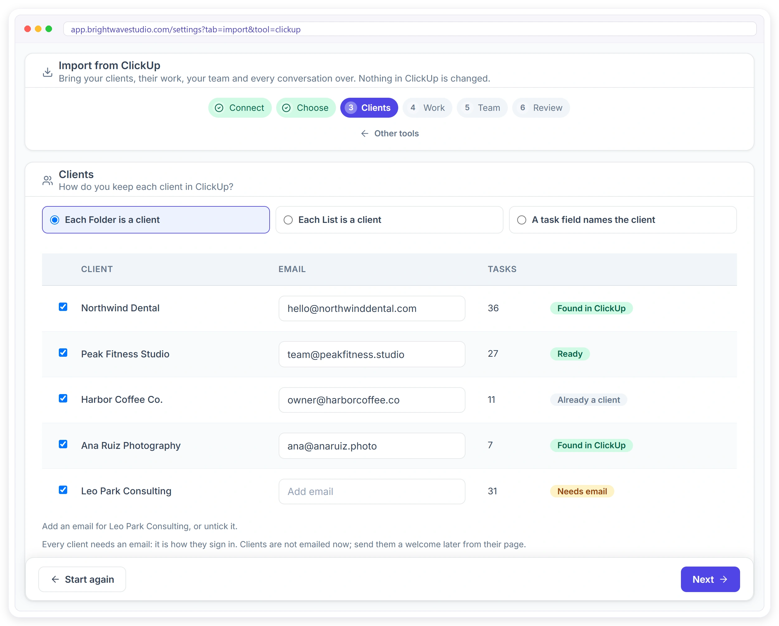 Import from ClickUp, Clients step: each ClickUp folder becomes a client with an email, and clients already in Clientish are matched Import from ClickUp, Clients step: each ClickUp folder becomes a client with an email, and clients already in Clientish are matched