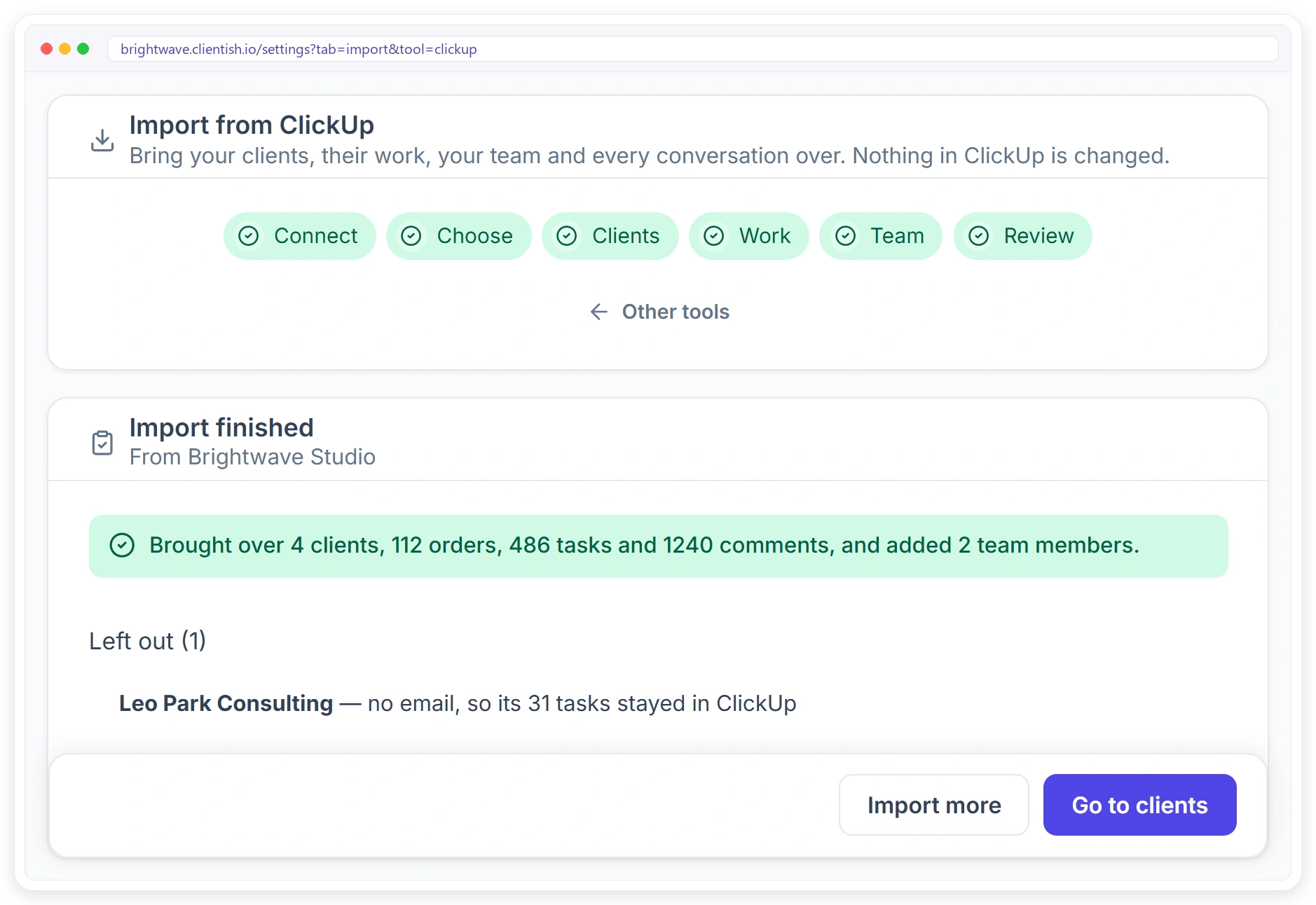 Import finished report: clients, orders, tasks and comments brought over, and what was left out