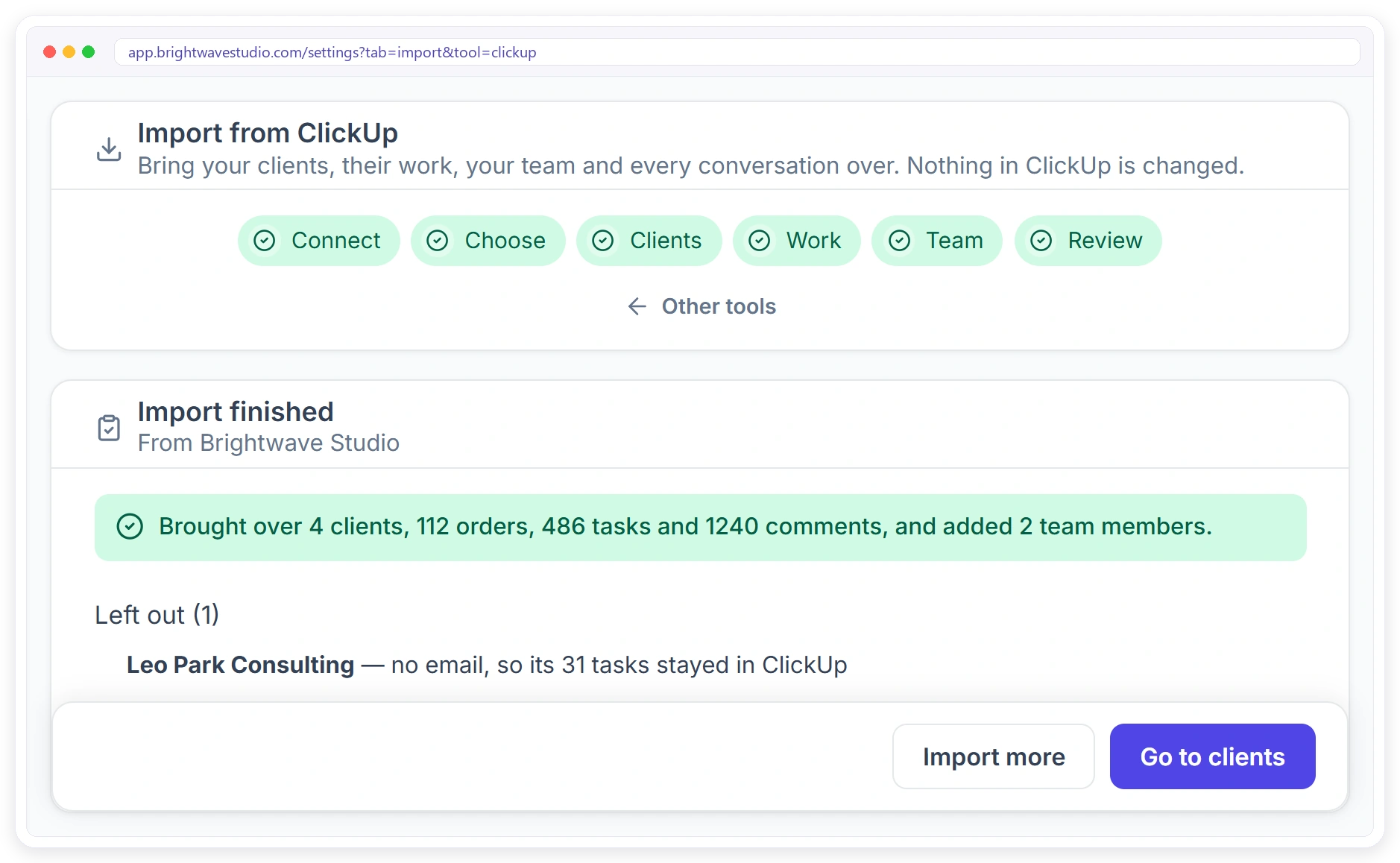 Import finished report: clients, orders, tasks and comments brought over, and what was left out Import finished report: clients, orders, tasks and comments brought over, and what was left out