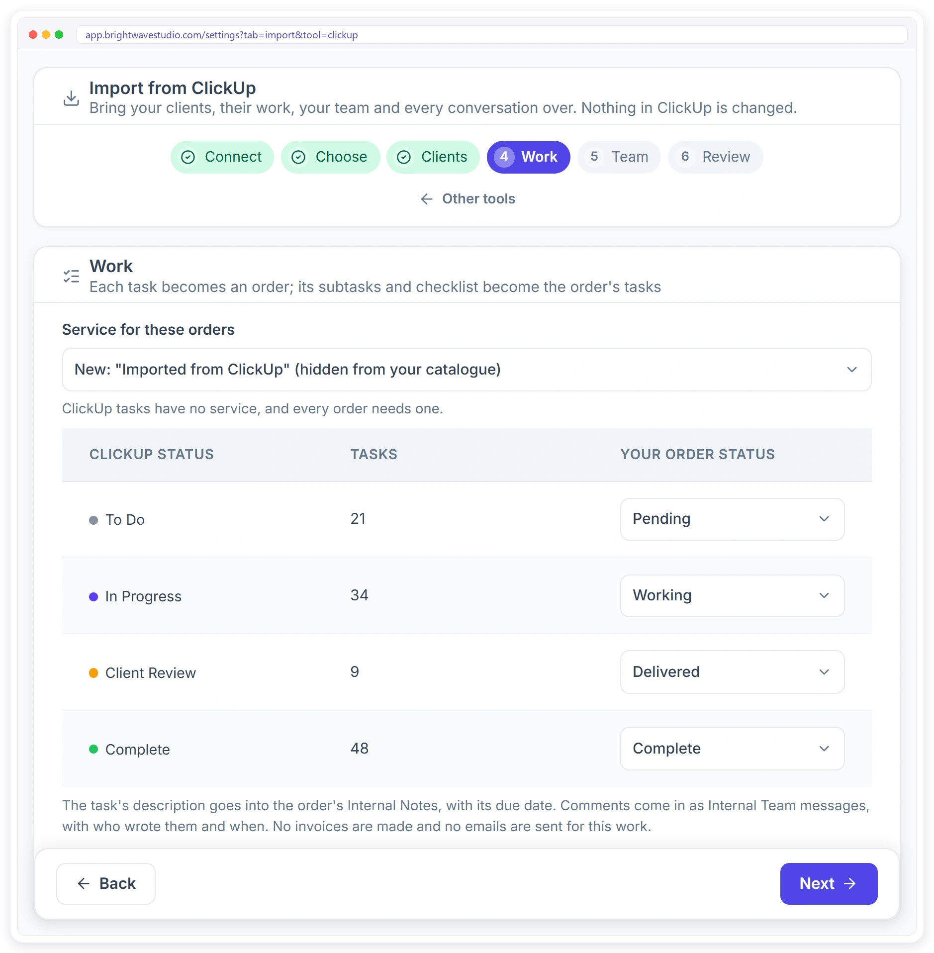 ClickUp statuses matched to Clientish order statuses, with the service the imported orders go under
