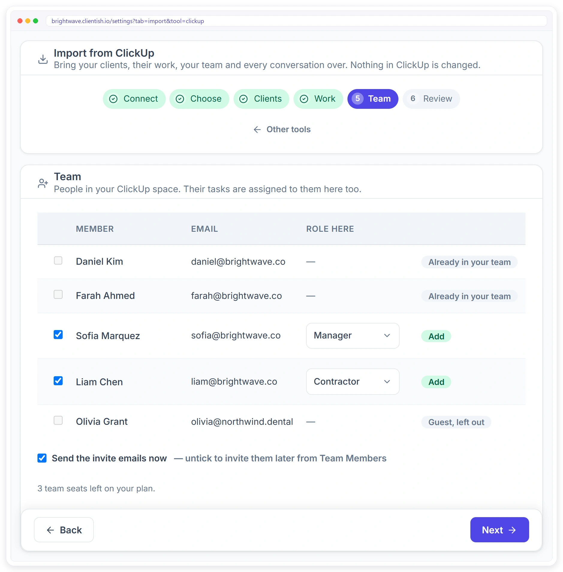 ClickUp members invited to the Clientish team with a role, existing members matched and guests left out