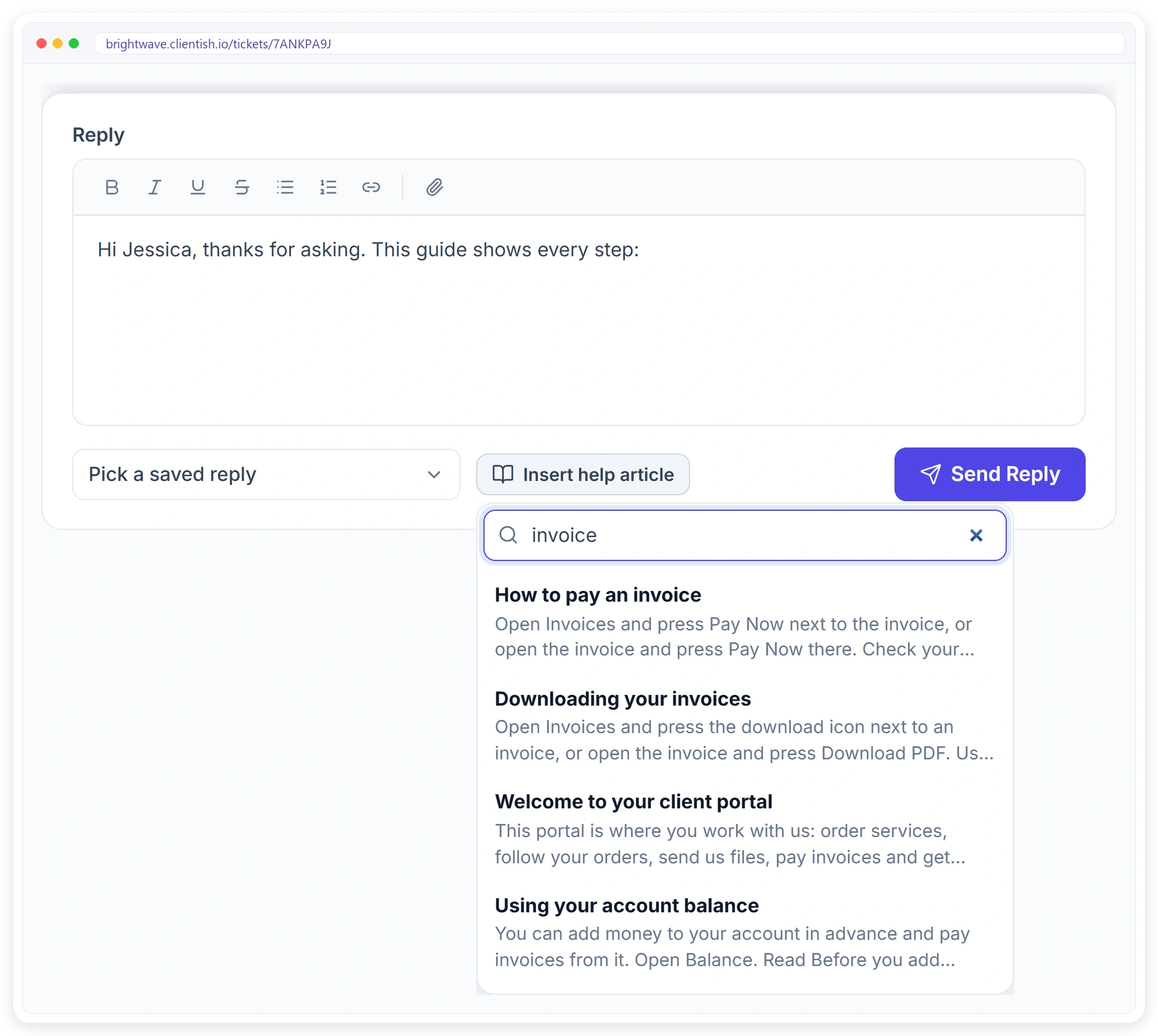 Insert a help article into a ticket reply by searching the agency's Help center