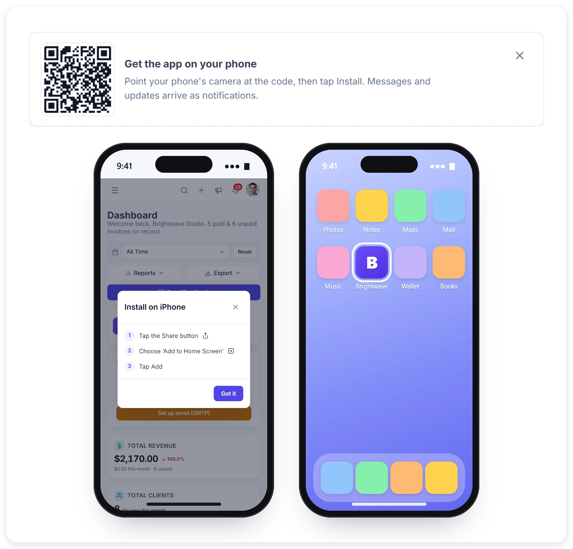 Install the client portal app: scan the QR code on the dashboard, follow the iPhone steps and the agency's icon appears on the home screen