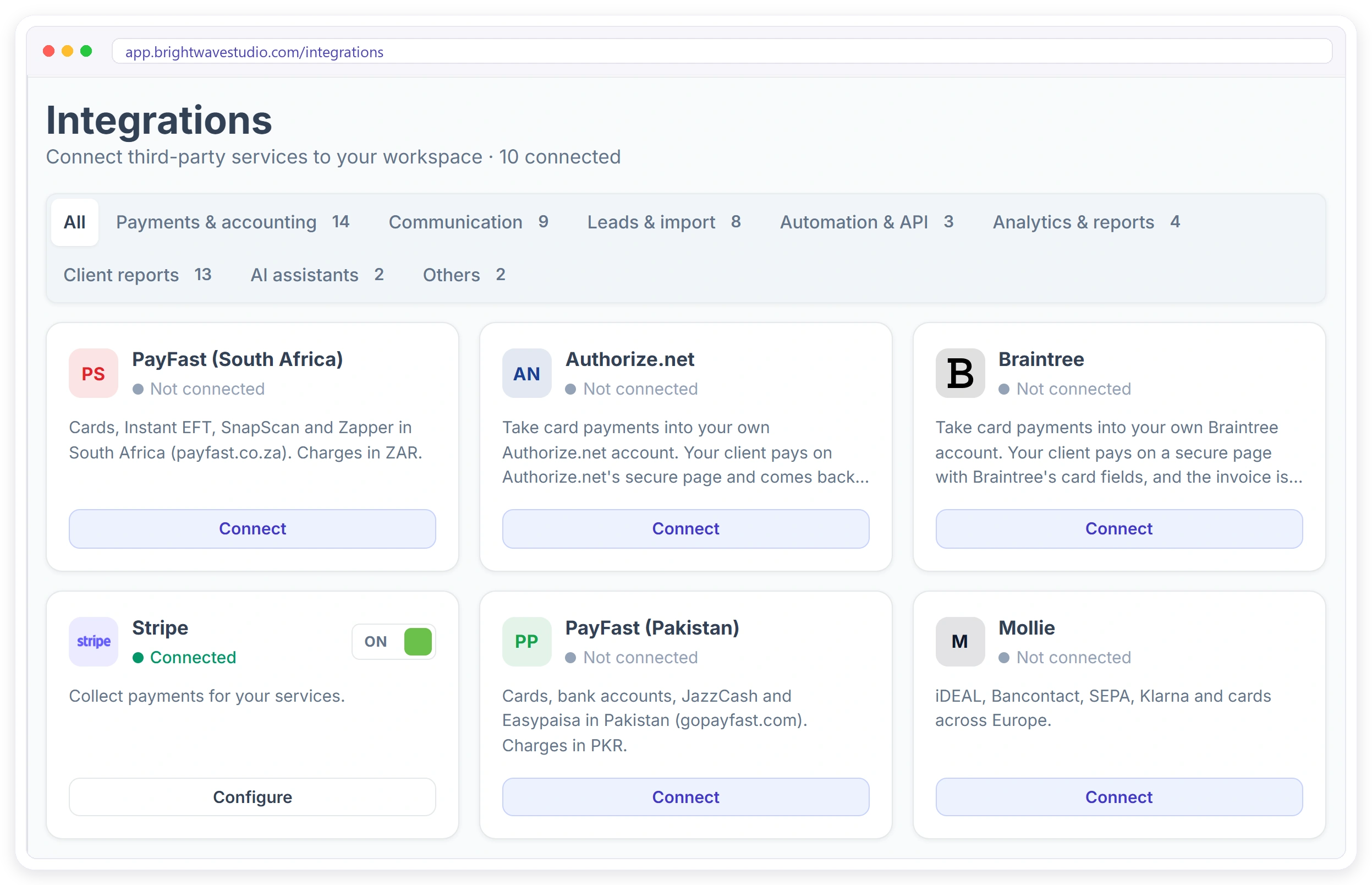 Clientish Integrations page with payment gateways, communication, leads and import, automation and API, client reports and AI assistants, ten of them connected