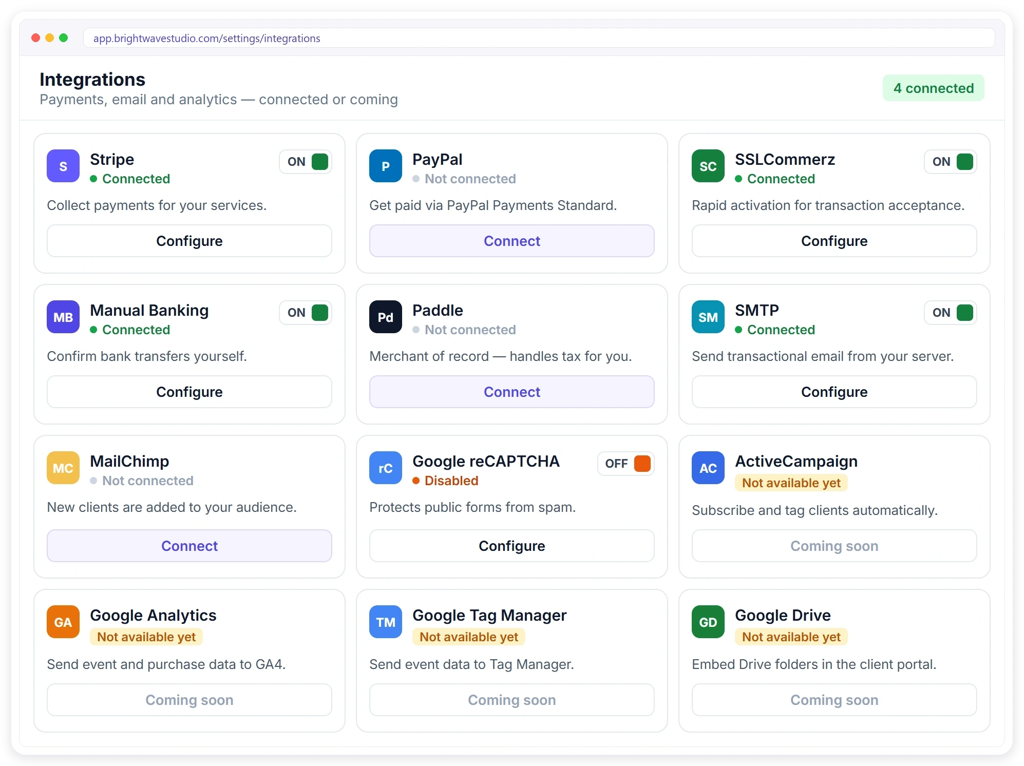 Clientish integrations for payments, email and analytics with connected and coming soon apps