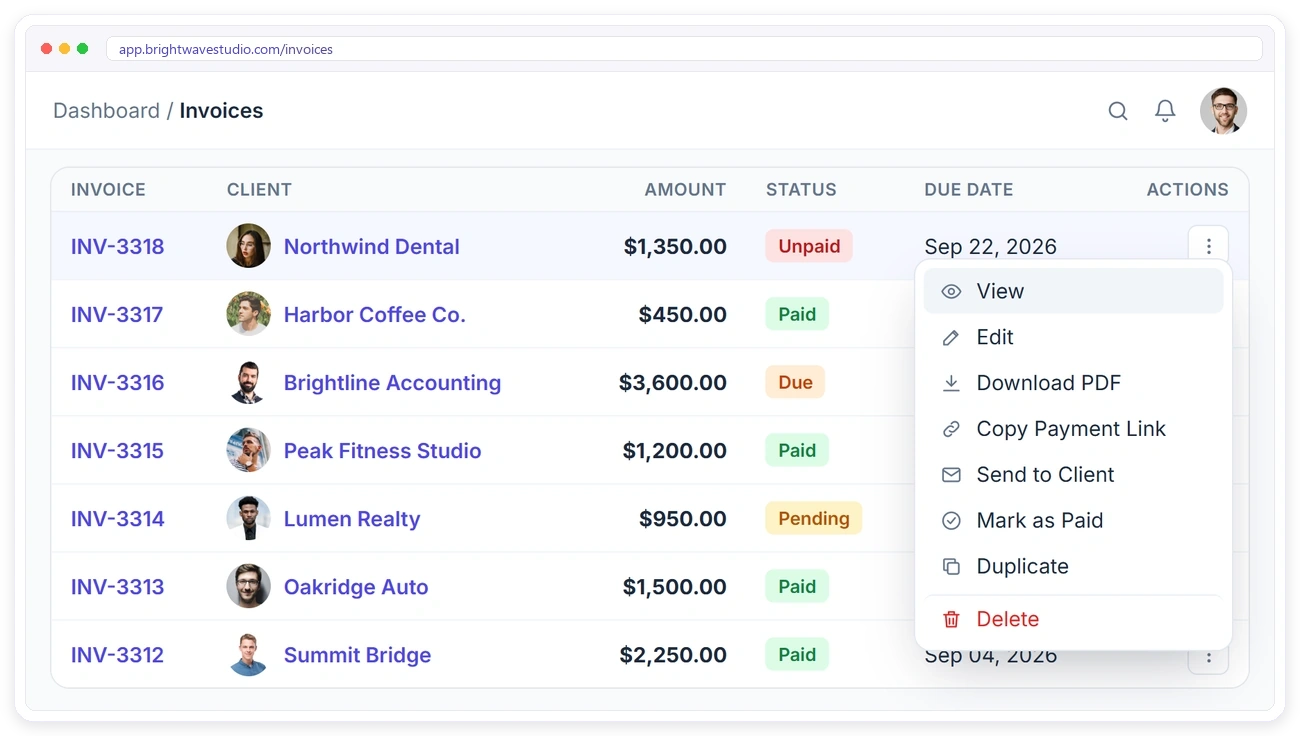 Invoice row menu in Clientish with view, edit, download PDF, copy payment link, send, mark as paid and duplicate
