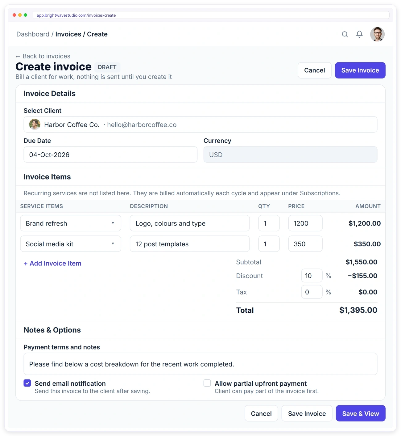Creating an invoice in Clientish with client, due date, line items from services, discount, tax and email options