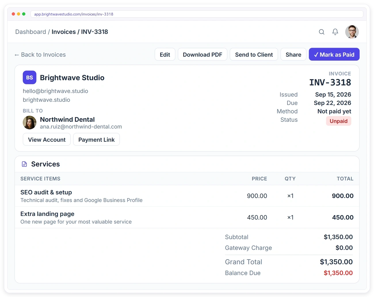 Clientish invoice detail page with agency details, bill to, service items, totals and balance due