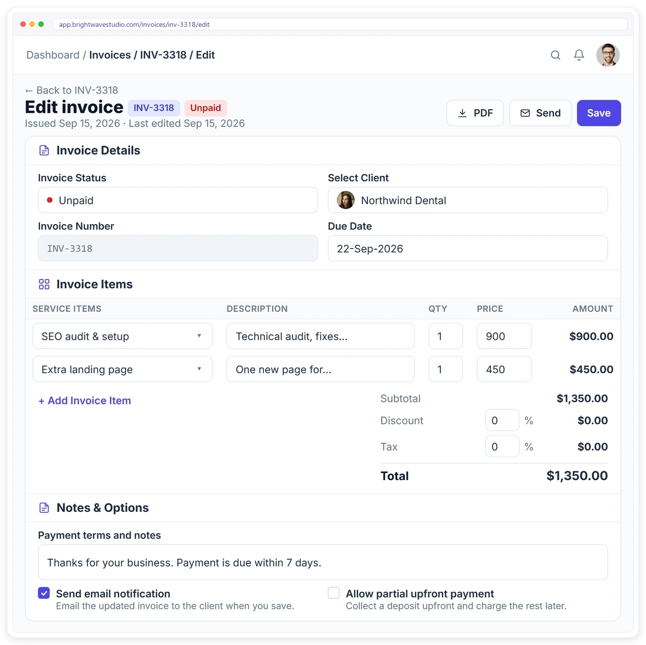 Editing an invoice in Clientish with status, client, line items, discount, tax and payment options
