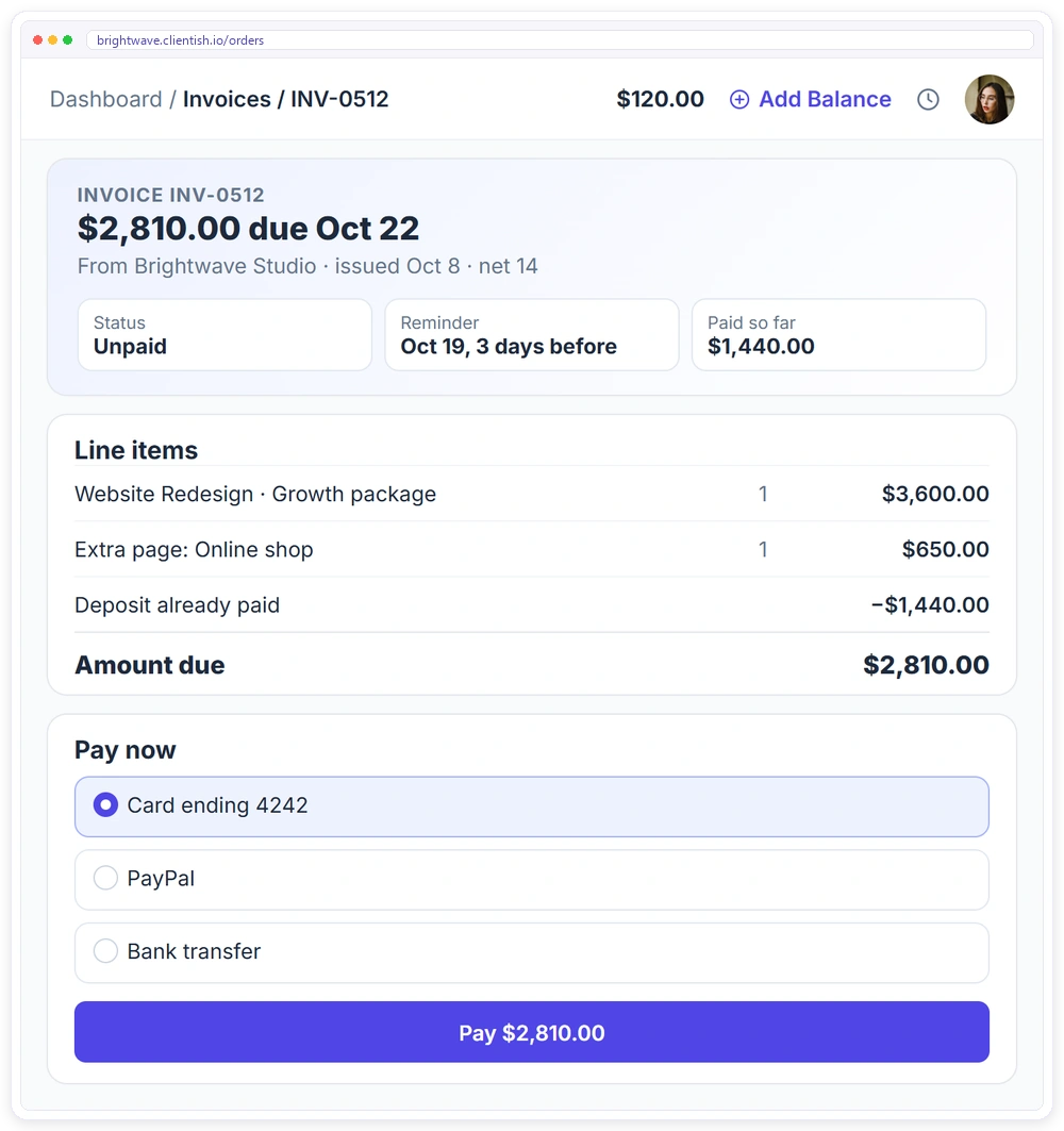 An itemised invoice in the Clientish client portal with the deposit already paid, a reminder date and online payment by card, PayPal or bank