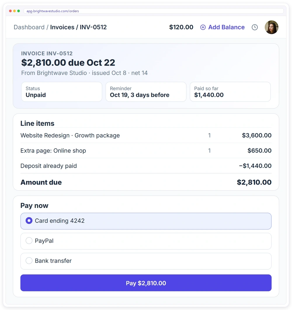 An itemised invoice in the Clientish client portal with the deposit already paid, a reminder date and online payment by card, PayPal or bank