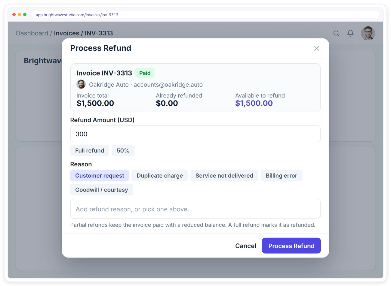 Process a full or partial refund on a paid invoice in Clientish with a reason Process a full or partial refund on a paid invoice in Clientish with a reason
