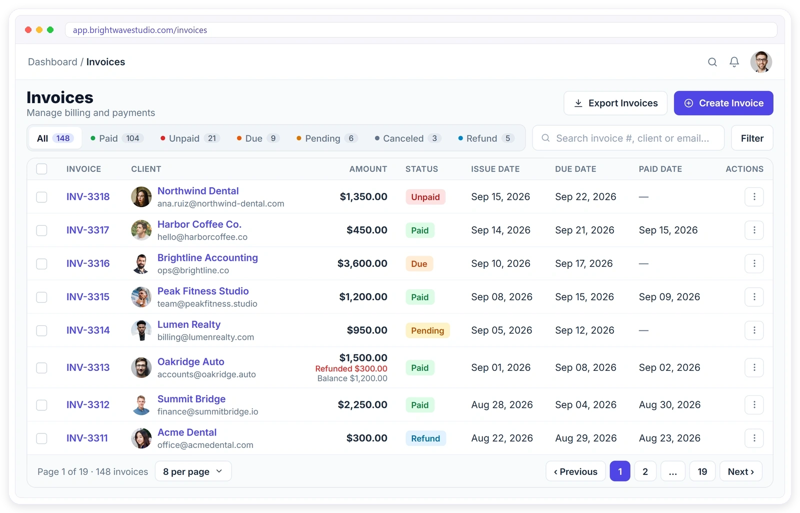 Clientish invoices list with status tabs for paid, unpaid, due, pending, canceled and refunded invoices